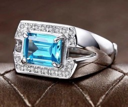 Natural Blue Topaz Gemstone With 925 Sterling Silver Ring For Men&#39;s Gift For Him - £168.14 GBP