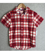 Cat &amp; Jack Small 6-7 Boys Short Sleeve Plaid Shirt Red White Blue Cotton - $3.79