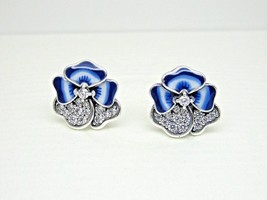 925 Sterling Silver Blue Pansy Flower Stud Earrings with Enamel &amp; Clear CZ Stud  - £13.71 GBP