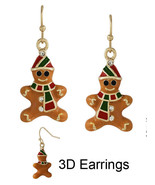 Tiny Jeweled Christmas Gingerbread Man Dangle Earrings Gold - £11.11 GBP