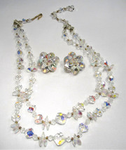 Unique Vintage 2 Strand Crystal Aurora Borealis Necklace &amp; Earrings Set C1371 - £22.09 GBP