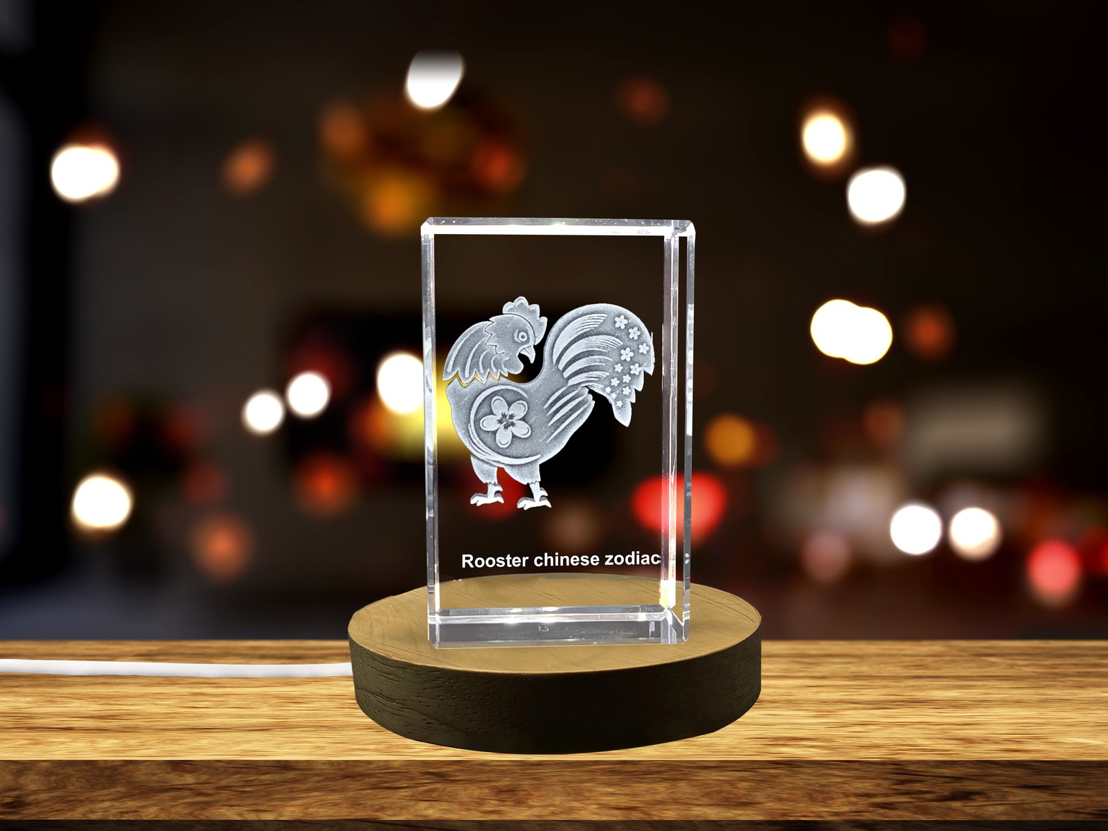LED Base included | Rooster Zodiac Crystal with Elegant 3D Chinese Symbols