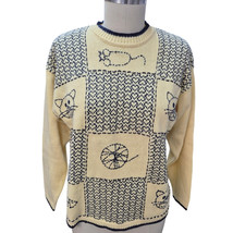 Vtg Cat Lady sweater Christopher &amp; Banks Cotton Yellow Navy Blue Heart/C... - $29.65