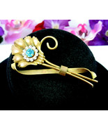 Fan FLOWER PIN Rhinestone Vintage Brooch Clear Blue Goldtone Art Nouveau 3&quot; - £10.21 GBP