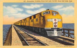 Union Pacific Streamliner Railroad Train Great Salt Lake Utah linen postcard - £5.18 GBP