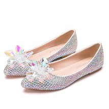 Luxury Rhinestone Ballet Flats Pointed Toe Plus Size Bridal Wedding Shoes White  - £88.96 GBP