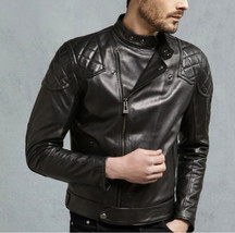 New Handmade Handmade Men&#39;s Black Leather Quilted Lambskin Zipper biker Slim fit - £112.63 GBP