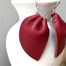 Crimson Red Leather Petal Leaf Earring with French Style Silver Hook - £17.64 GBP
