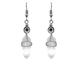 Evil Eye Nazar Bead Wire Wrapped Clear Quartz Crystal Point Earrings - Healing S - £11.83 GBP