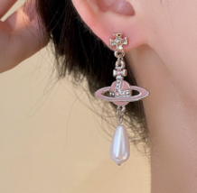 Autumn diamond set Saturn cross pearl tassel earrings niche temperament ... - £15.69 GBP