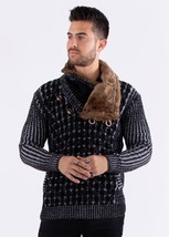 Bespoke faux fur lined collar herringbone slim fit sweater - Black - $89.00