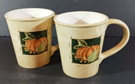 Set of 2 HARVEST PUMPKIN MUGS Fall Autumn Coffee Cups 2004 4 1/2&quot; Tall Y... - $14.24