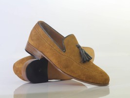 Handmade Men&#39;s Tan Color Suede Tassel Fashion Dress Loafers, Men Designer Shoes - £116.17 GBP