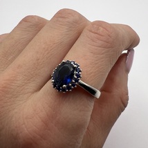 925 Sterling Silver Blue Sapphire Ring with Halo Stones - $125.00