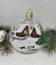 Transparent two winter huts glass ball Christmas ornament, Hand painted  - £9.53 GBP