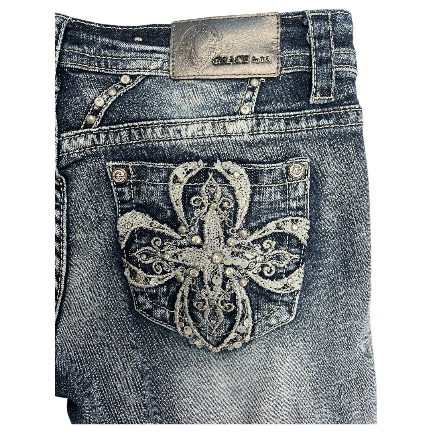 Grace Jeans Womens 27 Blue Boot Cut Low Y2K Cross Rhinestone Embroidered... - $31.67