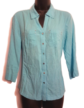 Cathy Daniels Blue Linen Blend Blouse size Medium Studded Tailored Fit Shirt Top - £12.41 GBP