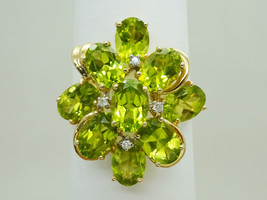 Natural Peridot &amp; Earth Mined Diamond Cluster Ring 14k Yellow Gold , Size 11 - £486.36 GBP