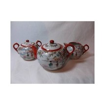 Vtg Hand Painted Japanese Teapot Cream &amp; Sugar Set Porcelain Geisha Mountains - £38.78 GBP