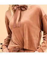 Long Sleeve Velvet Boxy Hooded Top Brick Brown Large - €29,85 EUR