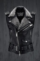 Men Silver Studded Leather VEST Brando Biker Black Stud Party Wear Winter Summer - £142.63 GBP