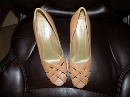 MERONA Tan Woven Leather w Open Toe 3.5&quot; Heel Shoes Size 9 Women&#39;s NWOB - £20.42 GBP