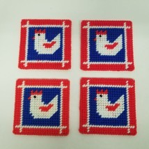 Vintage Chicken 3.5&quot;  Crocheted Coaster Set of 4, Red, White, Blue Farm Decor - £10.12 GBP