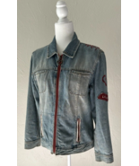 Chico&#39;s Denim Jean Jacket Sz 1 4 Pocket Embroidered Distressed Wash Love... - $34.25