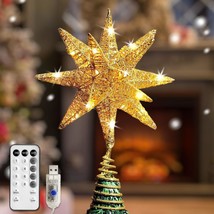 Christmas Tree Topper Star Gold With Warm White 50 Led Lights, Star Tree... - $41.96