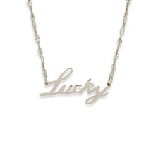 LUCKY NECKLACE 1.25" Silver Word Charm Pendant 15" Silver Chain Fashion Cute NEW - £6.35 GBP