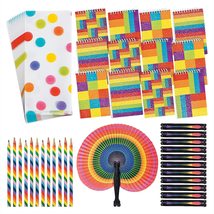 Rainbow Party Favors - Rainbow Dot Goody Bags, Glitter Notepads, Paper Fans, and - £14.35 GBP