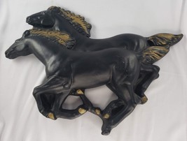 Vintage Chalkware Running Black Gold Horses Western Wall Hanging MCM - £34.59 GBP