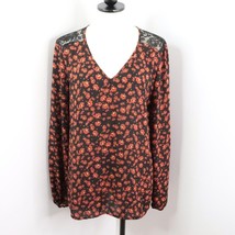 Jack BB Dakota Women&#39;s L Black Orange Floral Semi-Sheer Lace Back Blouse Top - £11.19 GBP