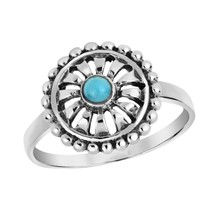Victorian Inspired Flower Round Green Turquoise Inlay on Sterling Silver Ring-8 - £15.15 GBP