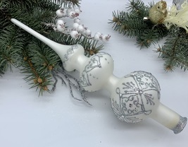 Big white with silver glitter Christmas glass tree topper, Christmas finial - $23.35