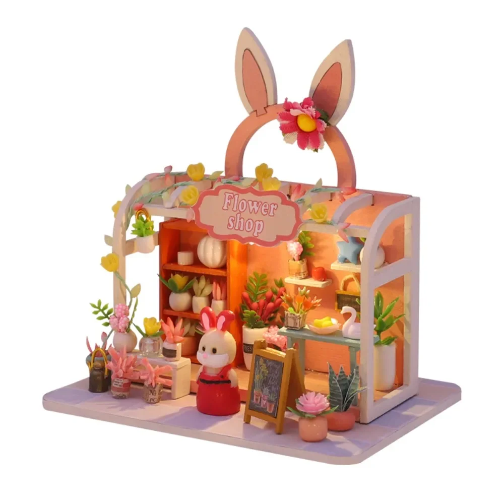 DIY Wooden Doll House Mini Set Rabbit Flower Shop Mini Casa Toy Shop Furniture - £17.92 GBP+