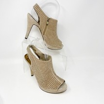 Reba Womens Tan Leather Gold Studded, Side Zip, Peeptoe Heel Size 8 - $21.73