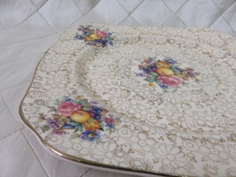 HK Tunstall England Square Floral Fruit Plate Chintz Gold Gilt 9&quot; Vtg Tray - £13.69 GBP