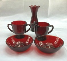 Vtg Lot Anchor Hocking Footed Ruby Red Sugar Creamer Vase 2 Fruit Bowls - $41.28