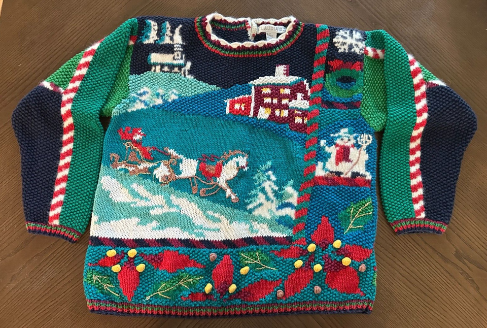 Teacher/Ugly Christmas Sweater Claudia S Vintage 1991 Oversized Crochet ... - $23.92