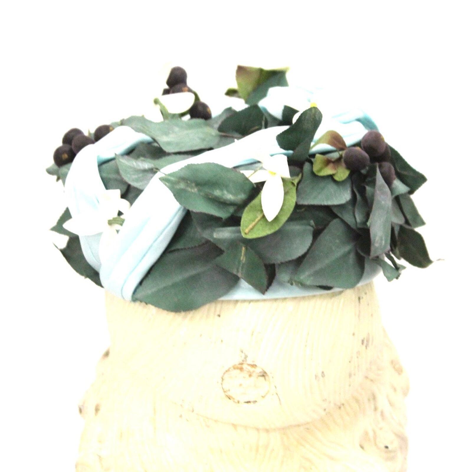 Don Anderson Womens Hat Garden Party 1940s Pillbox Blue Pink Flowers Blueberries Item image 6