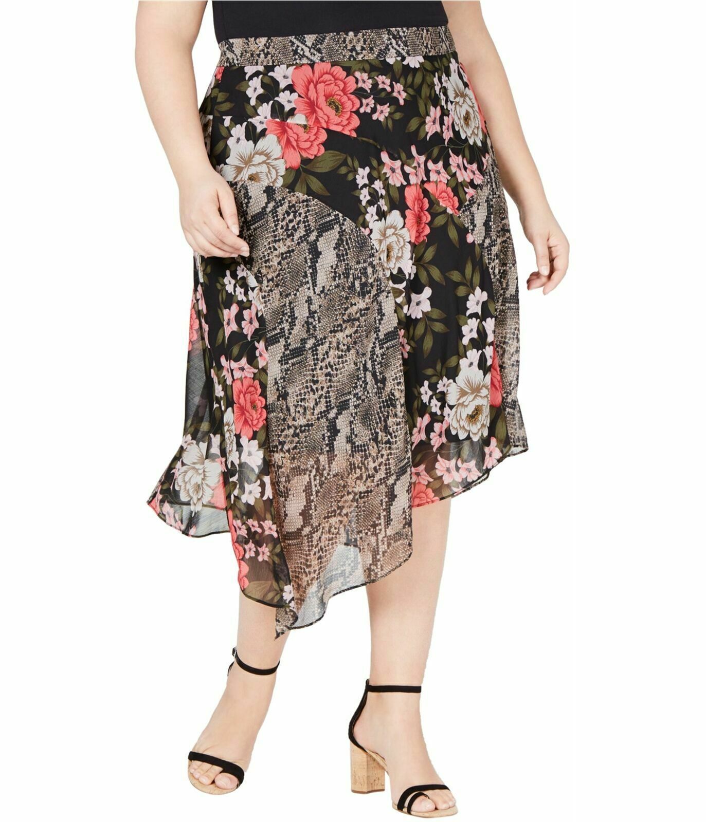 INC Womens Black Floral Snake Print Asymmetric Midi Skirt Plus 16W NWT - $16.07