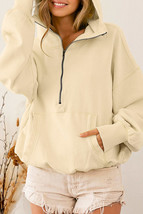 Beige Ribbed Trim Kangaroo Pocket Zipped Hoodie - £29.70 GBP