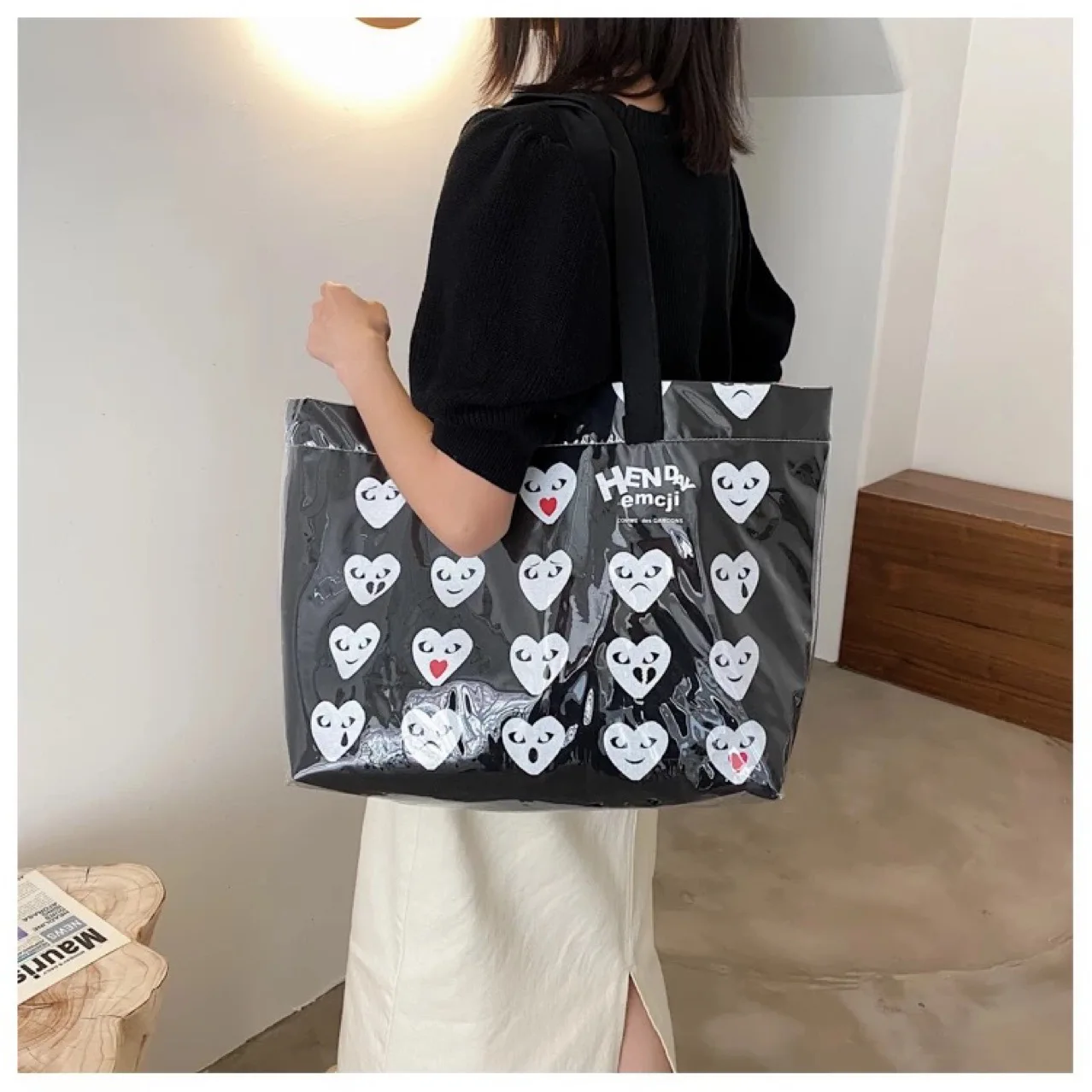 2021 New Female Tote Christmas Black Love Kraft Paper Bag Large Capacity Shopper - $75.08