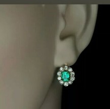 4CT Vert Émeraude &amp; Diamant 14K Jaune Plaqué Or Vintage Serti Goutte Boucles - £64.50 GBP
