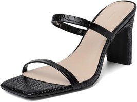 Womens Two Strap Open Toe Block Heeled Sandal Slip On Square (Black,Size:6.5) - £15.45 GBP