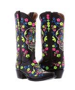 Womens Black Dia De Los Muertos Skull Leather Cowboy Boots Floral Cross ... - £86.30 GBP
