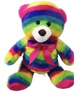 MTY International Rainbow Bear 16” Plush Pink Bow Ribbon - £14.16 GBP