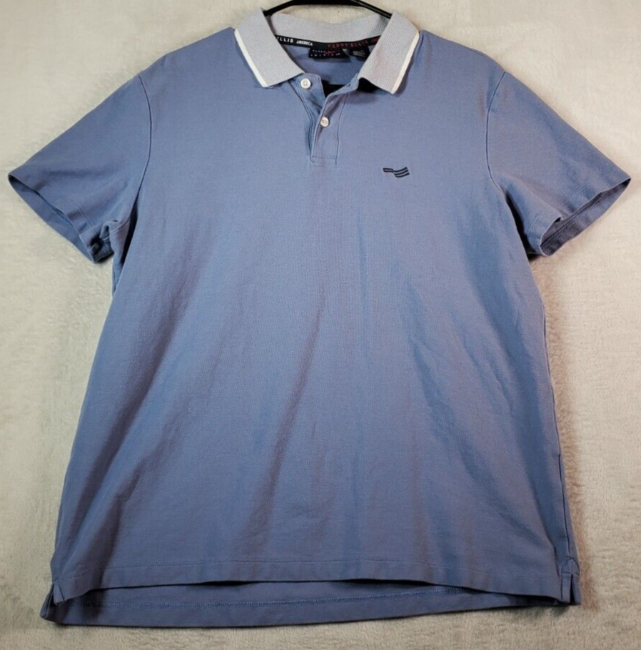 Perry Ellis America Polo Shirt Youth Large Blue Knit Short Sleeve Logo Collared - $10.84