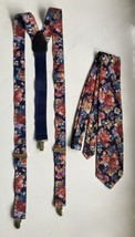 Gino Pompeii Matching Tie Suspenders Blue Yellow Pink Green Muted Floral Prom - £22.48 GBP